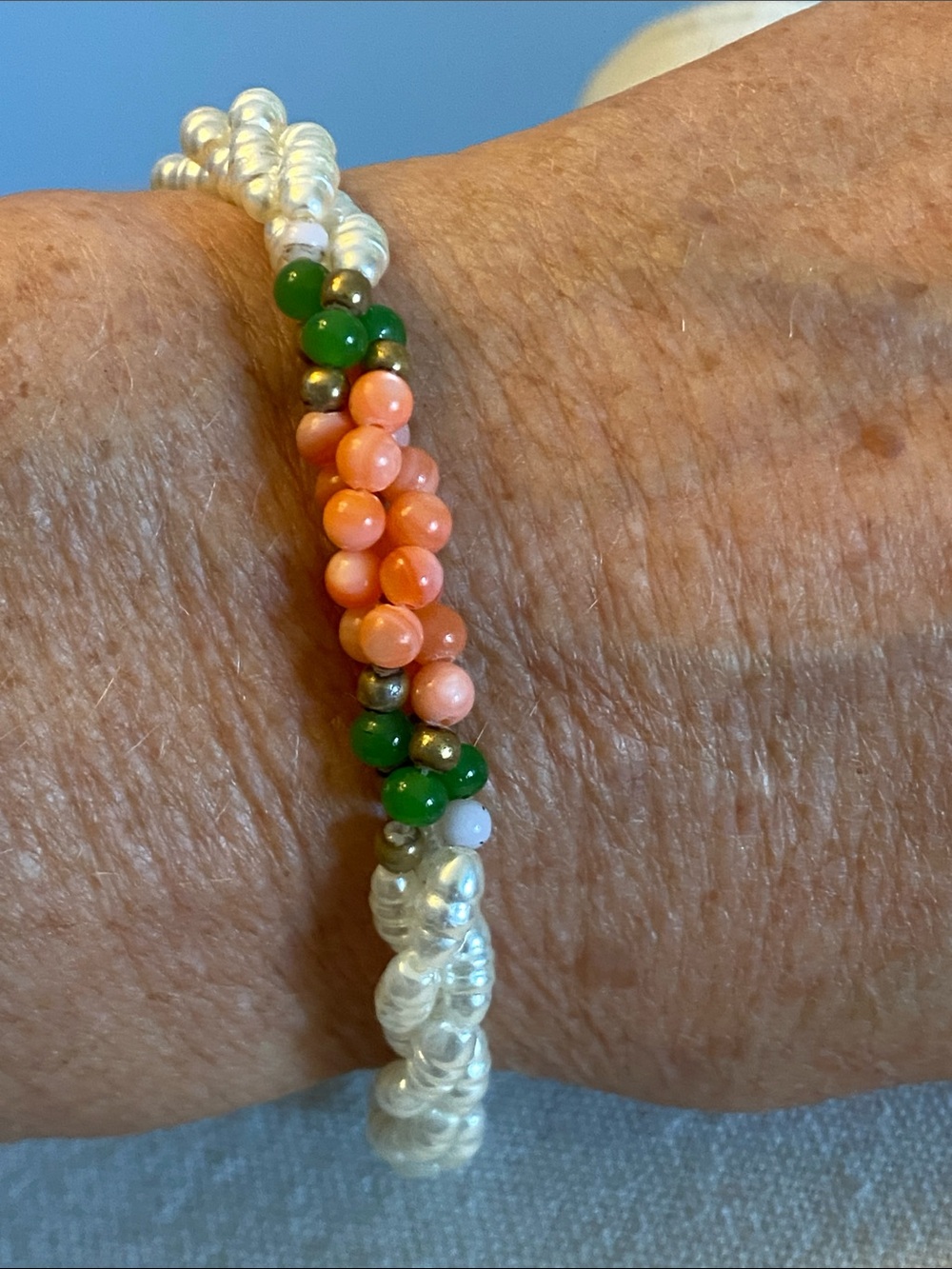 Faux Pearl Coral & Jade Double Strand Bracelet 8”